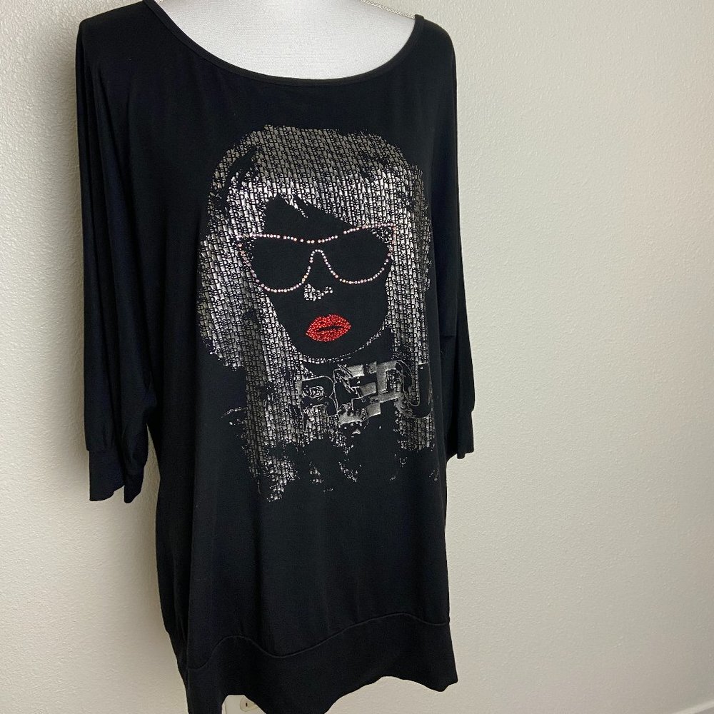 Long Tunic Blouse Jerseys Swarovski rhinestone Crystal Face Sz XL -XXL